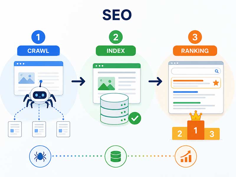 Sơ đồ Crawl → Index → Ranking dạng 3 bước trực quan